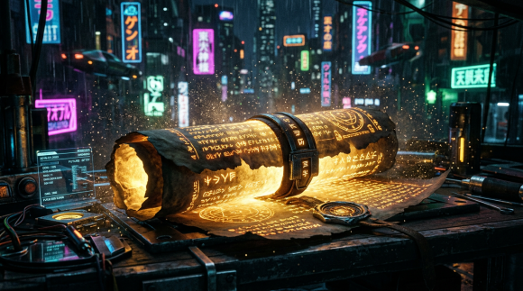 Glowing ancient scroll with mystical symbols on a high-tech desk