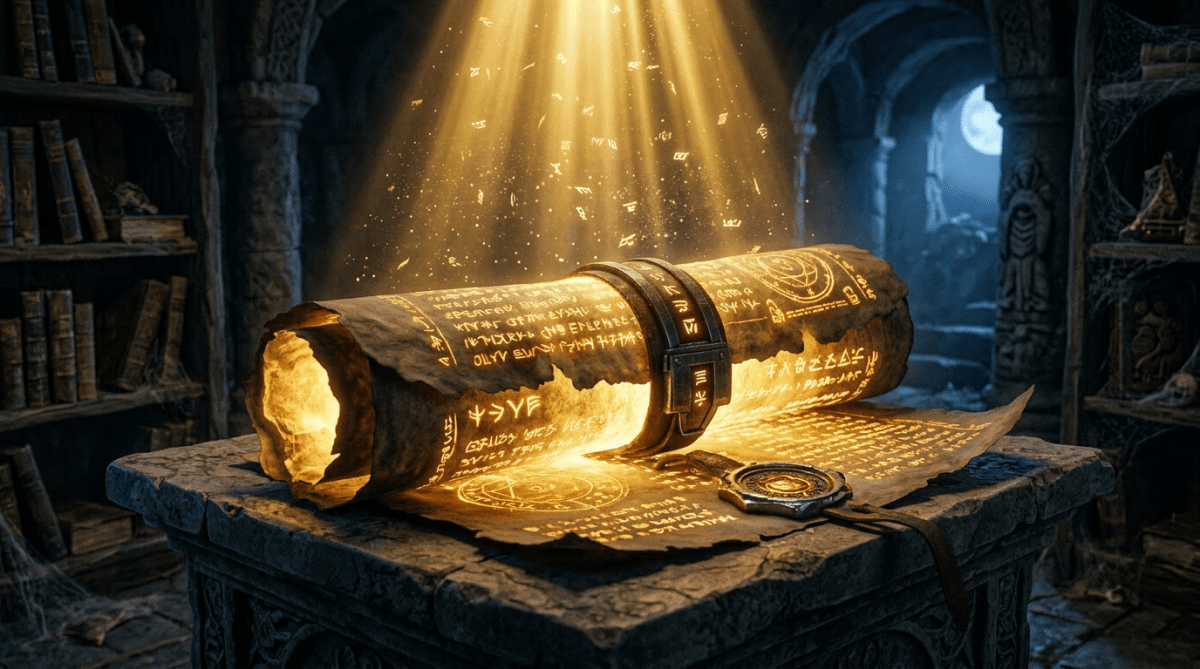 Ancient scroll glowing with magical runes on stone table in mystical room