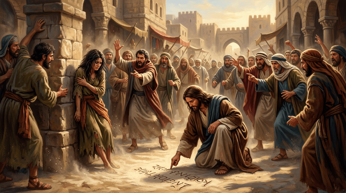 Jesus kneeling and writing in the sand while surrounded by a crowd with an anxious woman leaning against a wall
