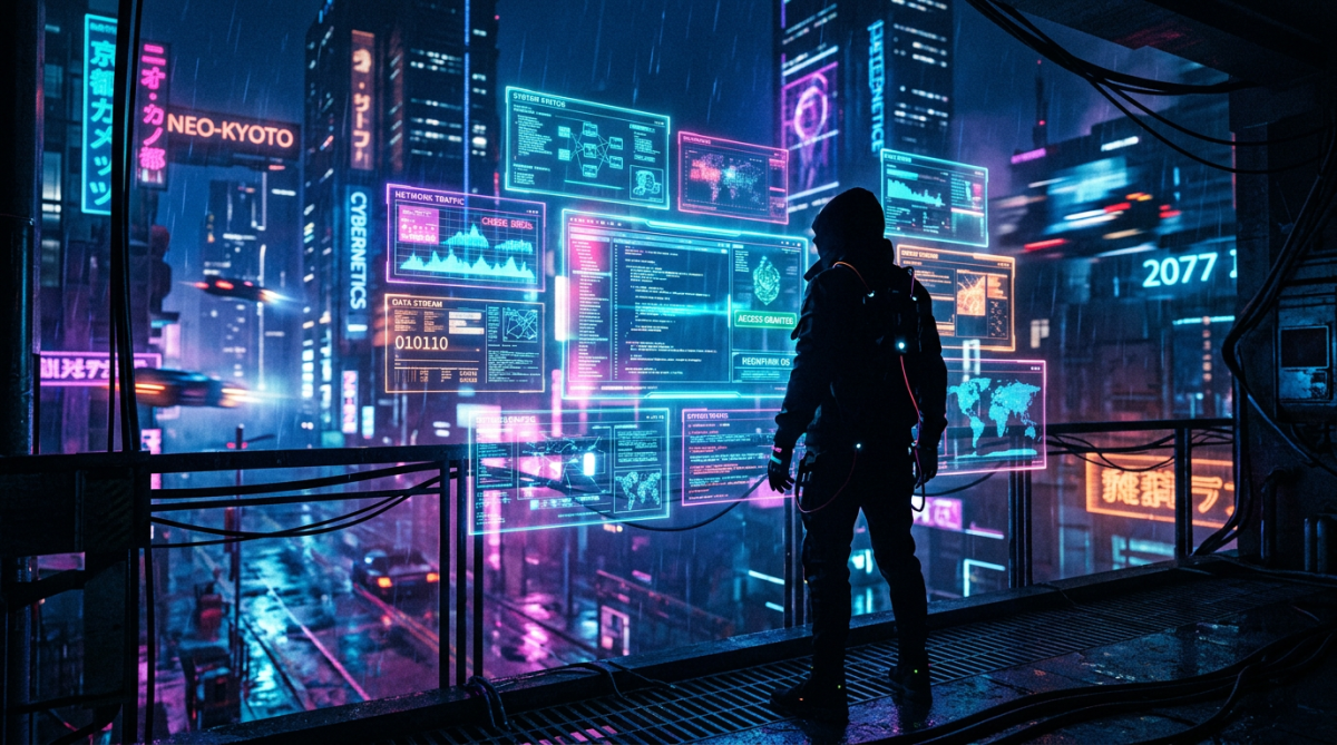 Hacker standing on a platform interacting with holographic screens in a neon-lit futuristic city